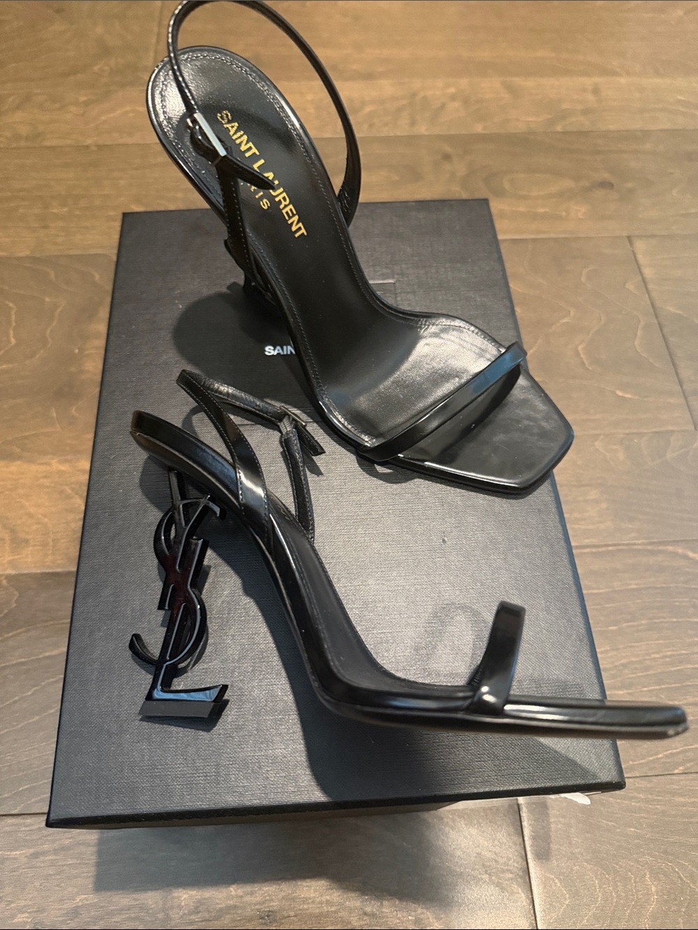 Saint Laurent Black Patent Opyum Logo Slingback Heels